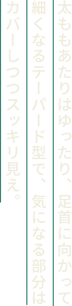 太ももあたりはゆったり、足首に向かって細くなるテーパード型で、気になる部分はカバーしつつスッキリ見え。
